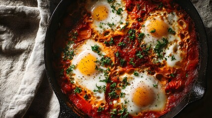 Top-down view of shakshuka in cast iron pan with poached eggs in spicy tomato sauce.
