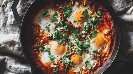 Top-down view of shakshuka in cast iron pan with poached eggs in spicy tomato sauce.

