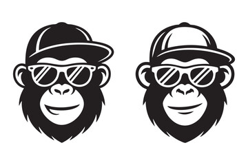 Cool Gorilla Portraits With Baseball Caps And Sunglasses In Black And White Isolated