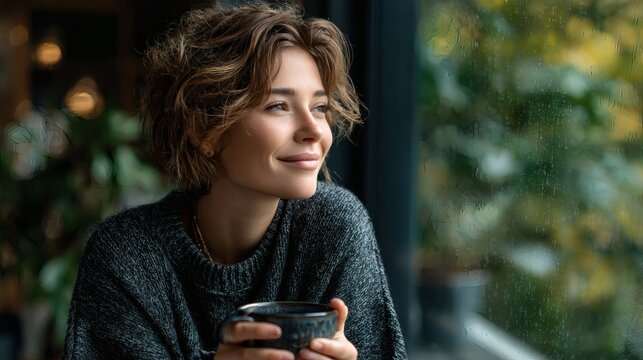 Young Woman Holding Mug and Smiling in Natural Light with Cozy Mood - Emotional Wellness Indoors - Positive Minimalist Lifestyle Image 4K UHD