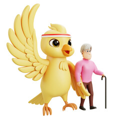 Kind bird character helping elderly lady walk with cane, representing social care, empathy, volunteer work, or senior citizen aid.

