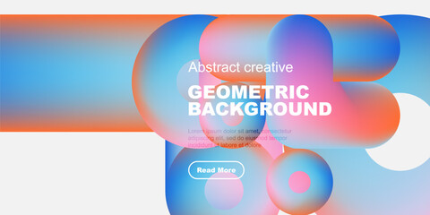 Vibrant abstract design features flowing shapes, gradient colors, text overlay, button. Modern aesthetic suitable for digital media.