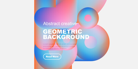 Abstract geometric shapes, vibrant colors, modern design. Text includes geometric background, plus sample text, button. Clean aesthetic.