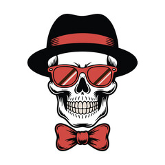Cool Skull With Hat Sunglasses And Bowtie Vintage Fashion Illustration For Design And Print
