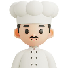 Smiling chef character in 3D, wearing traditional white uniform and hat, perfect for culinary, cooking, or restaurant visuals.

