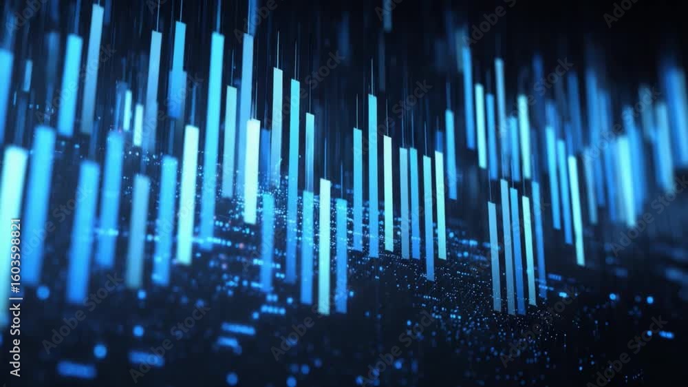 Poster digital data visualization: a dynamic, abstract image showcasing a digital landscape of vertical bar
