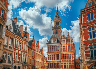 Obraz premium Historic red brick building under evening skies captured with a wide-angle lens