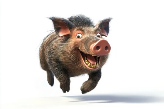 Wild boar running wildly 3d render cartoon character on white background