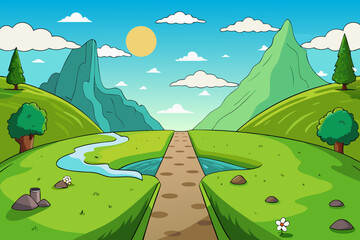 Scenic Mountain Landscape with Winding Path &ndash; Green Hills and Blue Sky Illustration