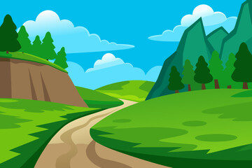 Obraz premium Scenic Mountain Landscape with Winding Path – Green Hills and Blue Sky Illustration
