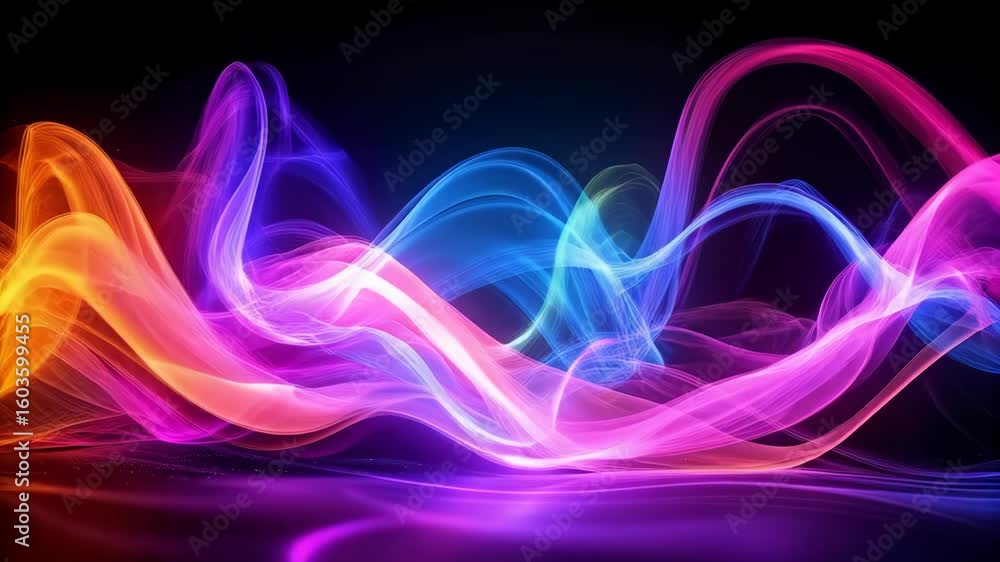 Poster abstract colorful wave patterns glowing on black background, artistic decorative curves in warm and 