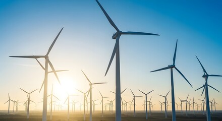 Wind turbines on a wind farm generating renewable energy at sunrise