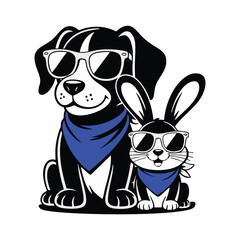 Dog And Rabbit Wearing Sunglasses And Bandanas Cartoon Illustration Black And White Isolated