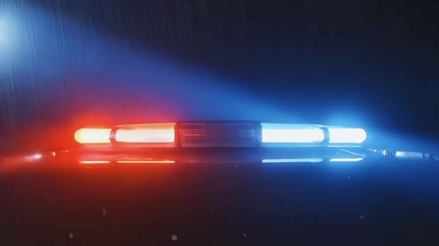 Emergency vehicle lights flashing in the rain, creating a dramatic atmosphere at night