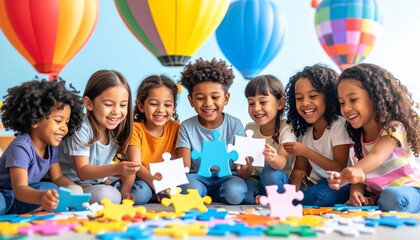 Joyful Diverse Children Collaborating on a Puzzle Under Colorful Hot Air Balloons.