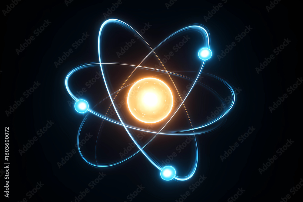 Wall mural futuristic glowing atom structure with orbiting particles on dark background, 3d abstract digital re
