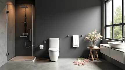 Stylish modern bathroom with glass shower and floral decor