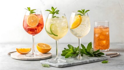 Fototapeta premium Refreshing summer cocktails with fruit and mint garnish