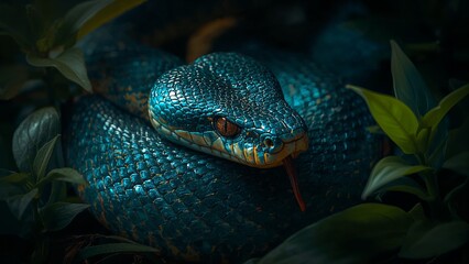 Fototapeta premium A stunning blue pit viper snake coiled and hidden amidst the dense, dark green foliage of a tropical jungle.