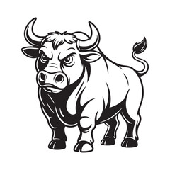 Monochrome Illustration Of An Angry Bull Mascot With Sharp Horns And Powerful Stance
