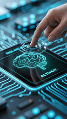 Hand engaging with futuristic interface in a clean, vertical composition—mobile screen–ready, glowing blue icons, perfect for cyber UI, AI, and smart tech themes.