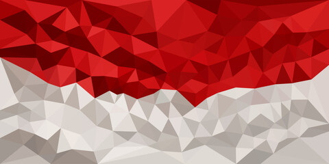 A striking low-poly representation of the Indonesian flag, featuring bold red triangles above a textured white and gray geometric pattern. It's a modern and patriotic design.