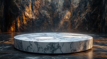 A marble platform set against a textured backdrop, ideal for showcasing products or art.