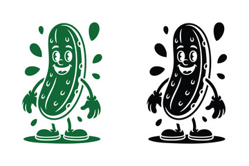 Retro Pickle Cartoon Character In Green And Black Color Variations On White Background