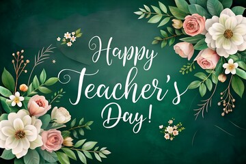 Elegant Happy Teachers Day Greeting with Floral Border on Green Background