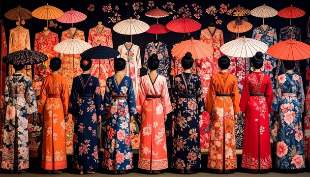 Enigmatic Procession of Women in Vibrant Floral Kimonos and Parasols.