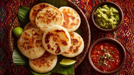 Overhead view of crispy arepas on palm-leaf platter with guacamole and bean salsa.
