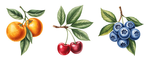 Assorted Fruit Branches Illustration on Transparent Background for Botanical Designs and Healthy Food Concepts