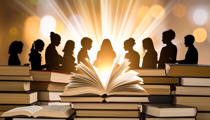A Beacon of Knowledge: Diverse Silhouettes Gathered Around a Luminous Book.