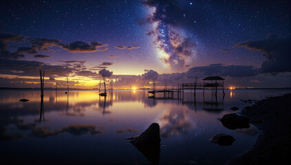 Stunning Milky Way over calm ocean waters at twilight. A breathtaking night sky, perfect for stargazing, astrophotography, and celestial reflections in this peaceful cosmic landscape.