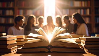 Radiant Knowledge: A Glowing Book Illuminates Students in a Library.