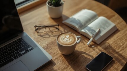 Smooth espresso blended with steamed milk, served in a warm ceramic cup with delicate latte art, offering a comforting and rich coffee experience in a cozy café atmosphere.