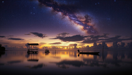 Stunning Milky Way over calm ocean waters at twilight. A breathtaking night sky, perfect for stargazing, astrophotography, and celestial reflections in this peaceful cosmic landscape.
