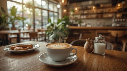 Smooth espresso blended with steamed milk, served in a warm ceramic cup with delicate latte art, offering a comforting and rich coffee experience in a cozy café atmosphere.