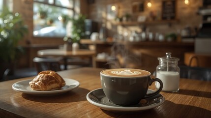 Smooth espresso blended with steamed milk, served in a warm ceramic cup with delicate latte art, offering a comforting and rich coffee experience in a cozy café atmosphere.