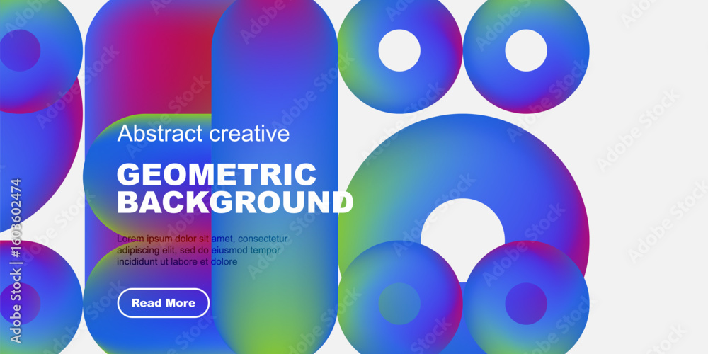Poster Vibrant geometric shapes overlap, creating colorful abstract background. Text promotes content with read more button.