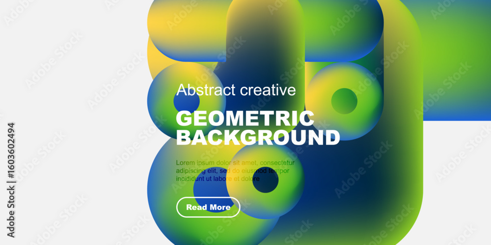 Poster vibrant abstract shapes overlap, creating dynamic geometric background. text promotes further explor