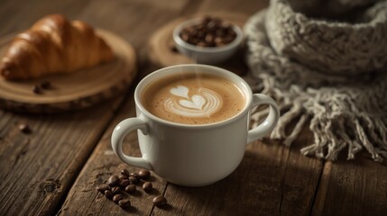 Smooth espresso blended with steamed milk, served in a warm ceramic cup with delicate latte art, offering a comforting and rich coffee experience in a cozy café atmosphere.