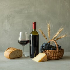 Naklejka premium Red wine bottle glass grapes cheese bread wheat wine glass