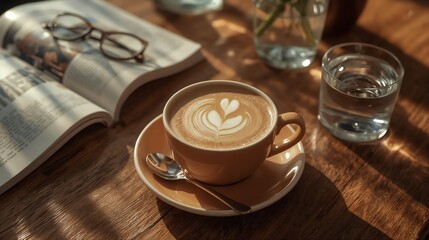 Smooth espresso blended with steamed milk, served in a warm ceramic cup with delicate latte art, offering a comforting and rich coffee experience in a cozy café atmosphere.
