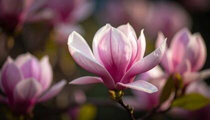 Fototapeta premium Close-up of delicate pink magnolia blossoms