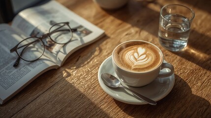 Smooth espresso blended with steamed milk, served in a warm ceramic cup with delicate latte art, offering a comforting and rich coffee experience in a cozy café atmosphere.