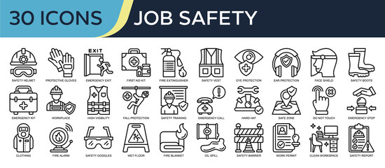 Collection of Job Safety icons, related to safety helmet, protective gloves, workplace safety, emergency kit, employee protection and more. Outline icons vector illustation.