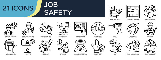 Collection of Job Safety icons, related to Health check, evacuation plan, construction worker, safety belt, surveillance and more. Outline icons vector illustation.