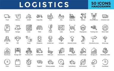 Logistics icons set with truck, delivery, forklift, cargo bike, train, ship, cargo ship, airplane, drone delivery, container truck icon. Simple hand drawn vector 
