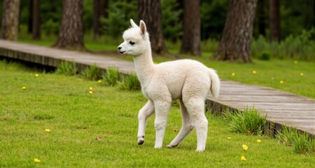 Obraz premium Baby alpaca playing fetch on grassy field along forest boardwalk